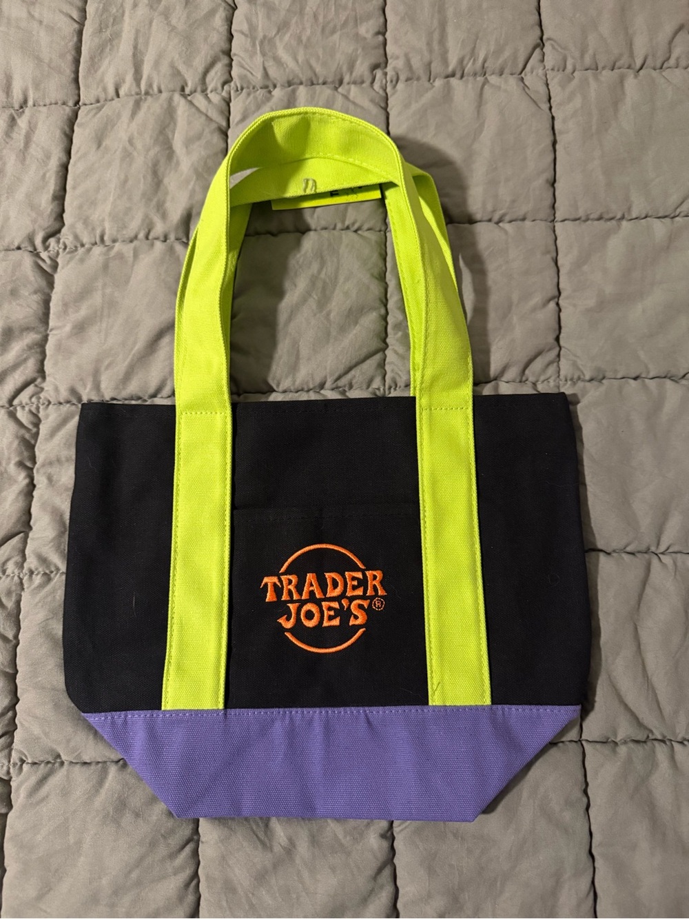 Trader Joe's Black Tote Bag with Neon Yellow Handles and Purple Base